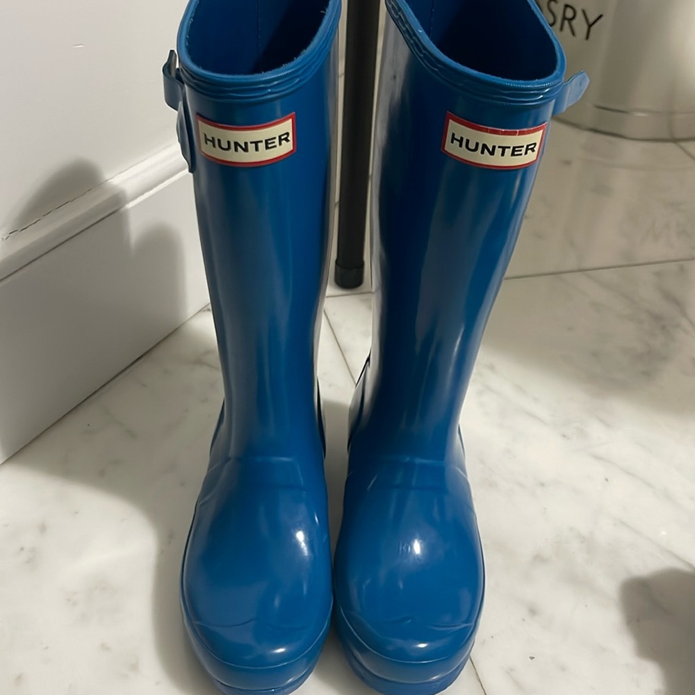 Hunter kids rain boots with side buckle, teal blue size eu 32